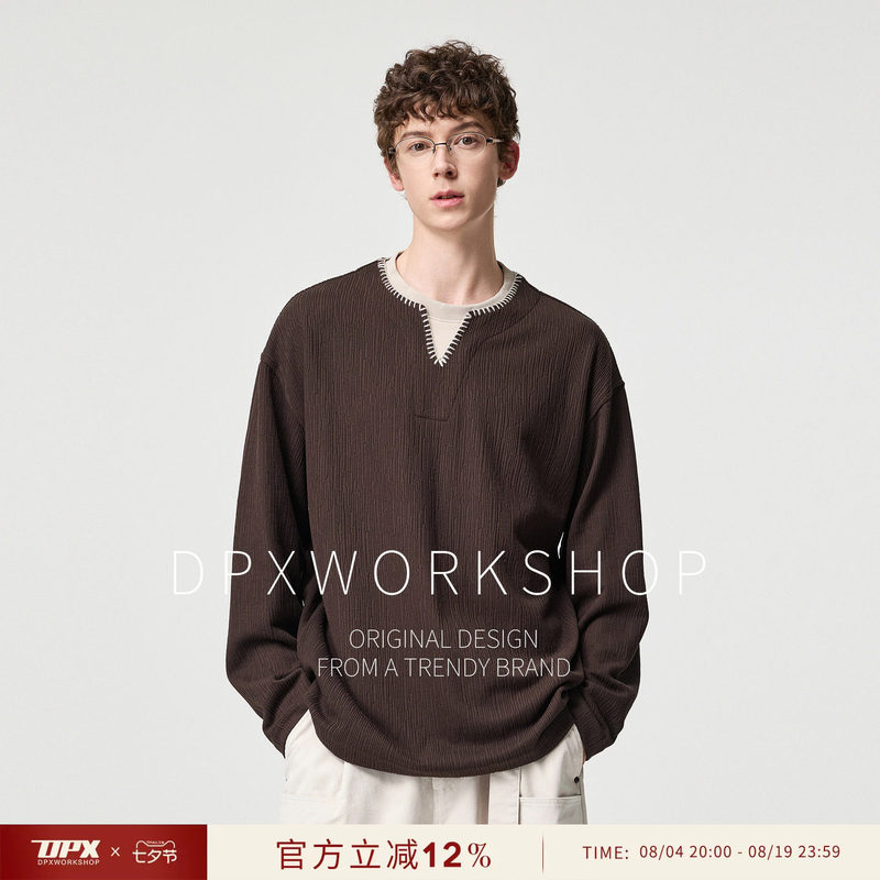 DPX Old Money Style Fake Two-Piece V-Neck Sweatshirt for Men, Autumn Brown Embroidered Loose Casual Textured Men's Base Shirt