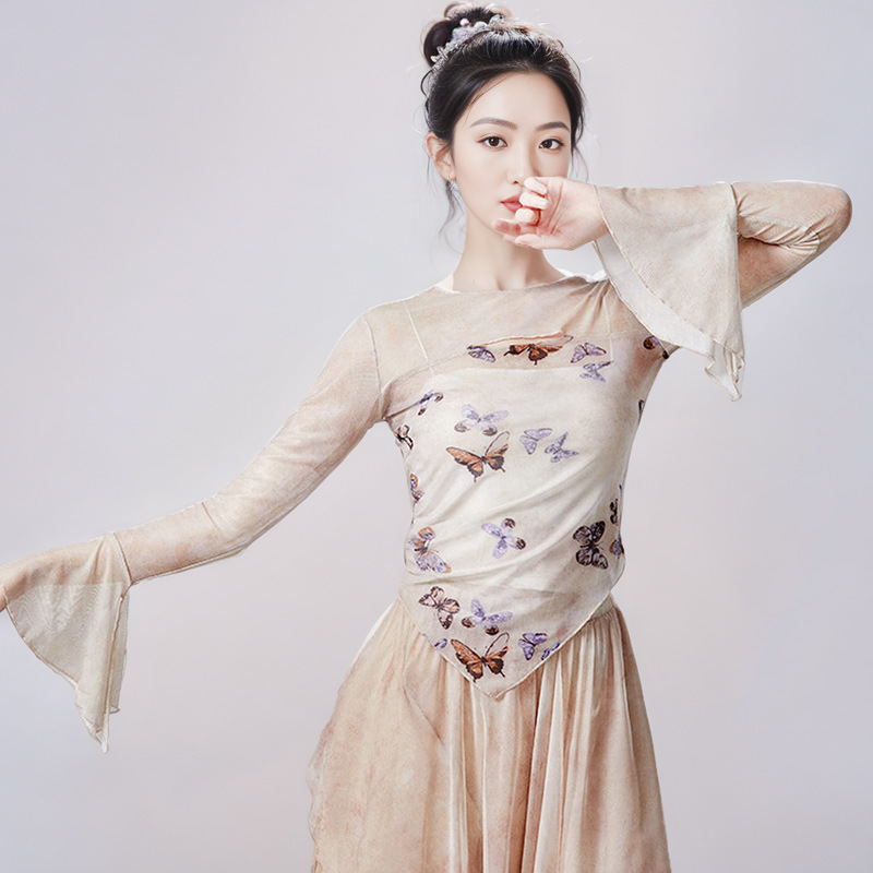 Classical Dance Costume Set for Women, Elegant Practice Outfit, Chinese Dance Butterfly Fairy Gauze Top, Skirt, Pants, Performance Clothing