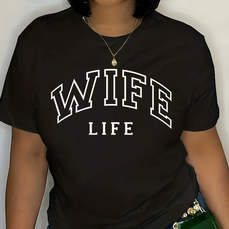 2025 европейская и американская женская весна-лето повседневный топ WIFE буква с круглым вырезом и коротким рукавом футболка 9907