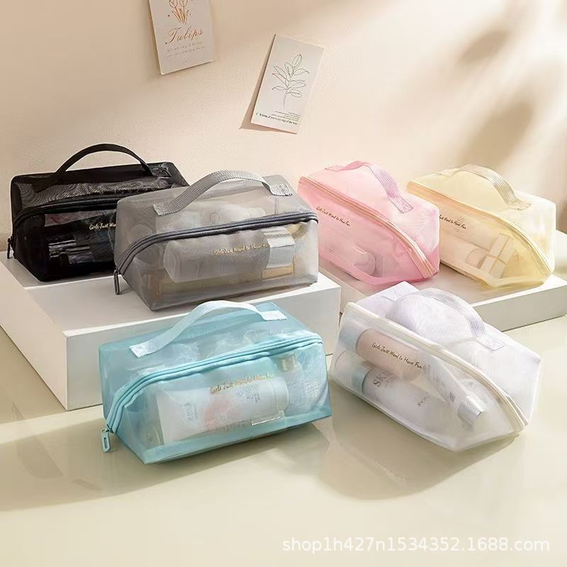 뜨거운 판매 투명 메쉬 베개 화장품 가방 더블 레이어 저장 휴대용 세척 가방 메쉬 대용량 간단한 저장 가방
