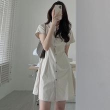 韩国夏季简约气质翻领单排扣收腰显瘦短袖衬衫式小个子连衣裙