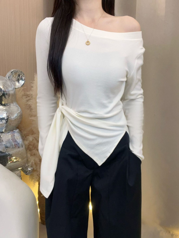 韩系条纹不规则开叉斜肩长袖T恤女装早秋季收腰设计感别致上衣潮|undefined