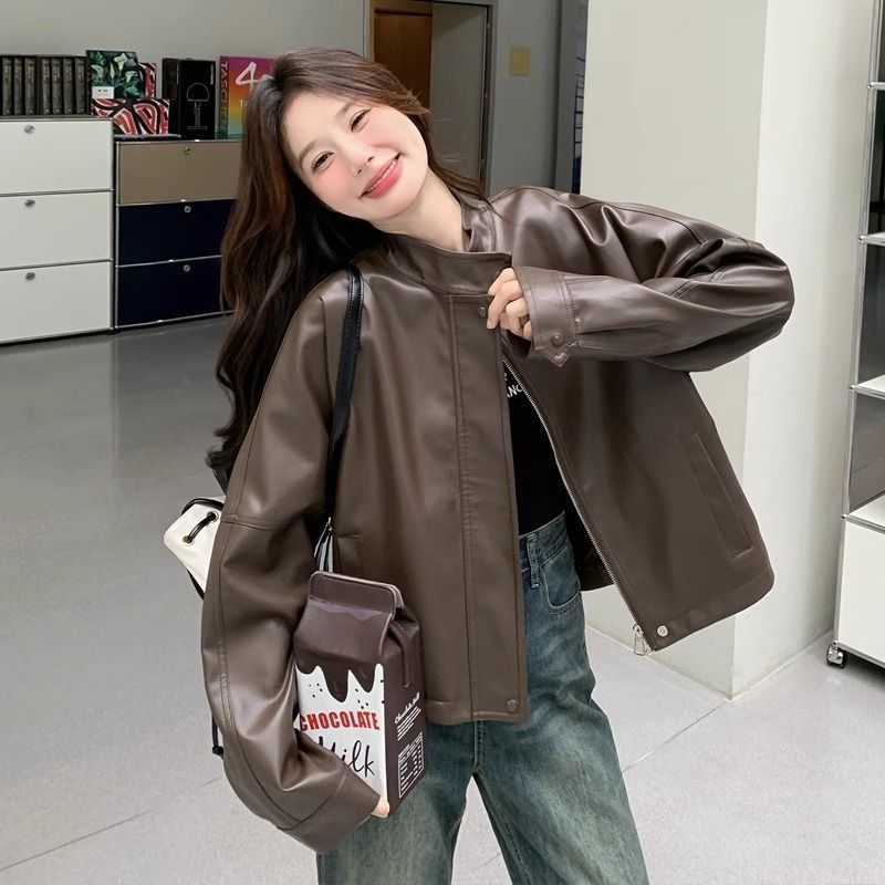 美拉德咖色小皮衣外套女2025秋冬新款高级感炸街小个子机车服夹克|undefined