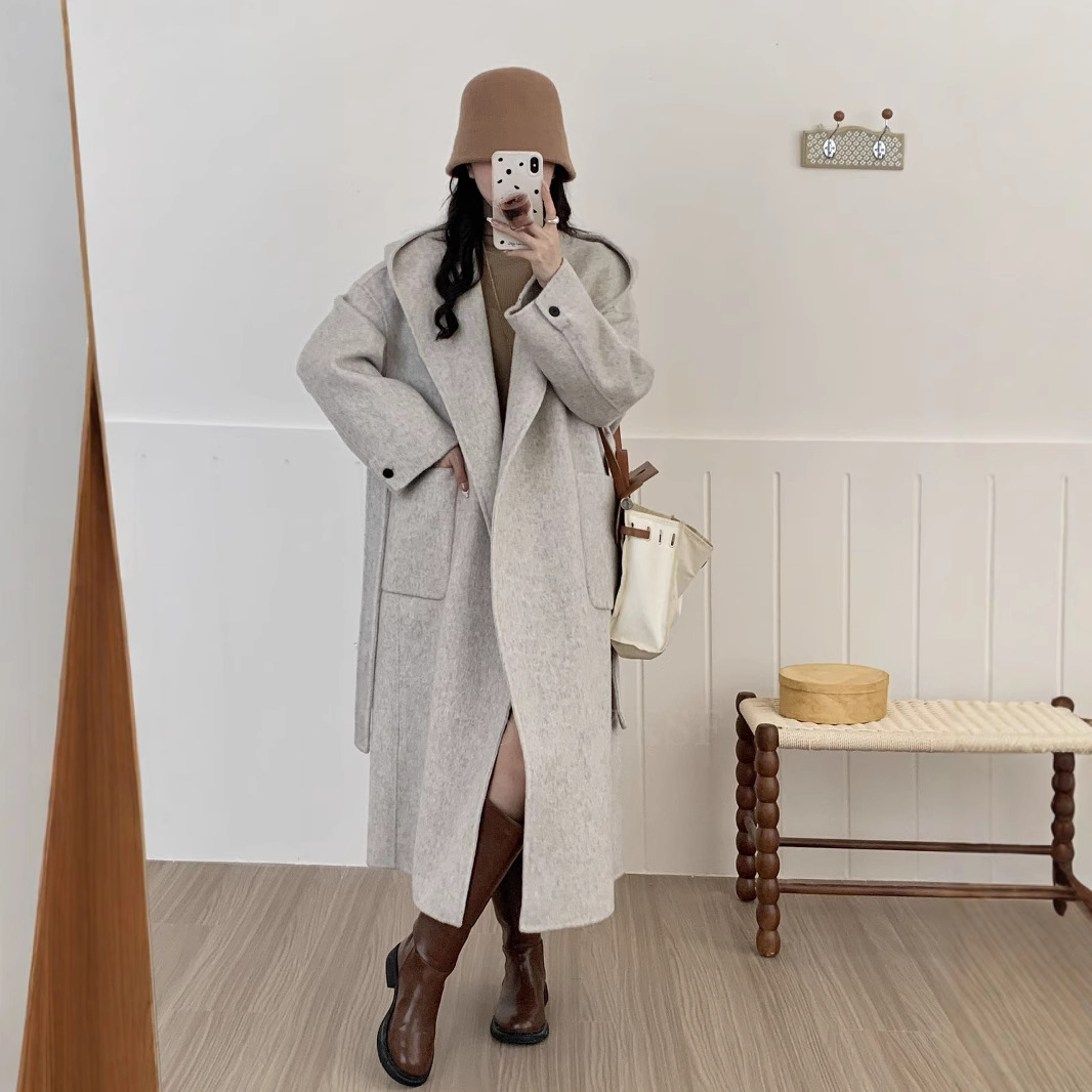 가을 겨울 새로운 한국 스타일 간단한 느슨한 캐주얼 긴 후드 양면 양모 코트