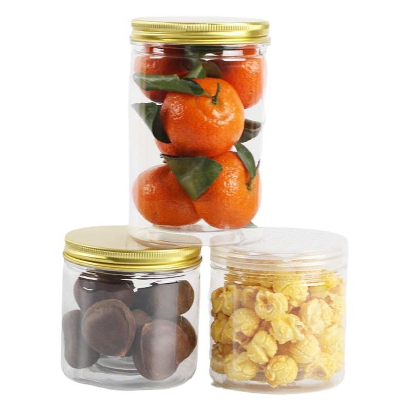 En stock al por mayor tapa de aluminio transparente plástico sellado tarro redondo envasado de alimentos tarro de miel tarro botella de boca ancha para mascotas