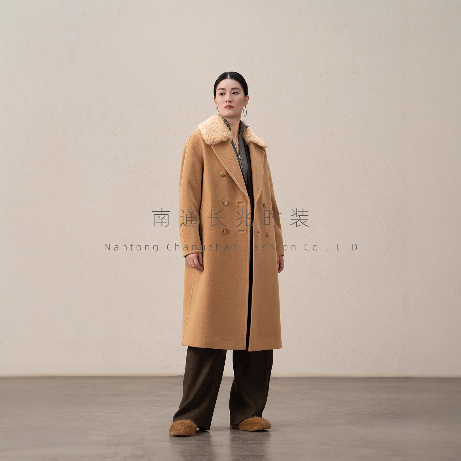 M Brand Double-Breasted Cashmere Long Coat with Fur Collar for Women ~ Iodine Version Autumn and Winter Cocoon-Shaped High-End Coat 801Plus Version