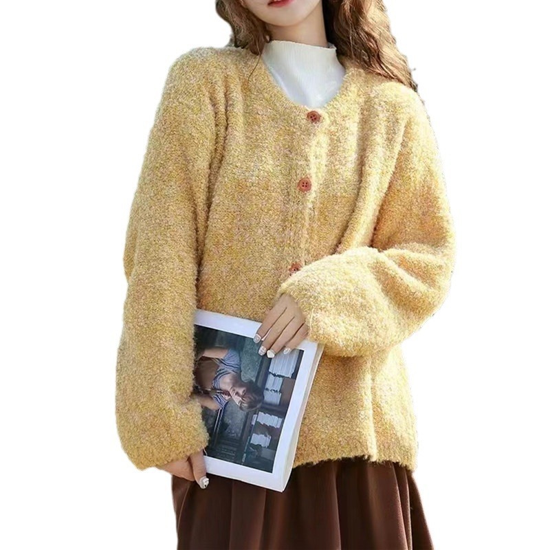圈圈纱小众设计感针织衫开衫上衣女秋冬季新款慵懒风古着毛衣外套|undefined
