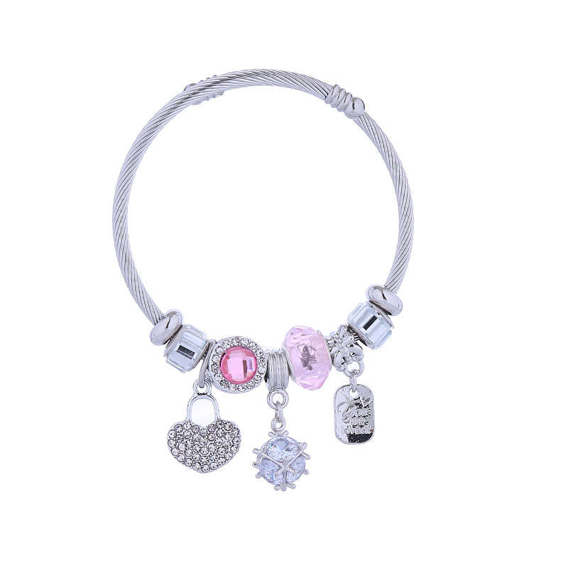 Pandora Style Heart Lock Bracelet Alloy Diamond Encrusted Bangle_voghion.com