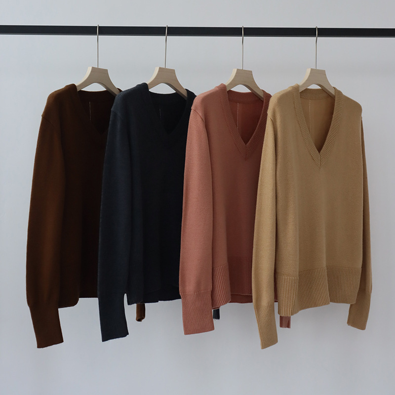 Autumn and Winter V-Neck Melard Style 7-Gauge Solid Color Long-Sleeve Pullover Wool Blend Knit Sweater Thickened Loose Fit for Women