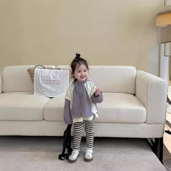 韓版童裝2024新款春季女童撞色外套洋氣拼色打底衫條紋褲子三件套