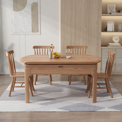 Beechwood Nordic Modern Minimalist Solid Wood Combination Dining Table and Chairs, Square and Rectangular Dual-Purpose Home Edition, Light Luxury Set
