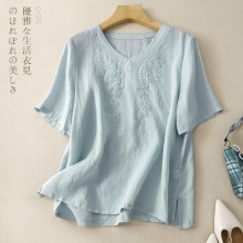 文艺复古棉麻纯色刺绣V领上衣女宽松2025夏新款百搭短袖t恤女套头