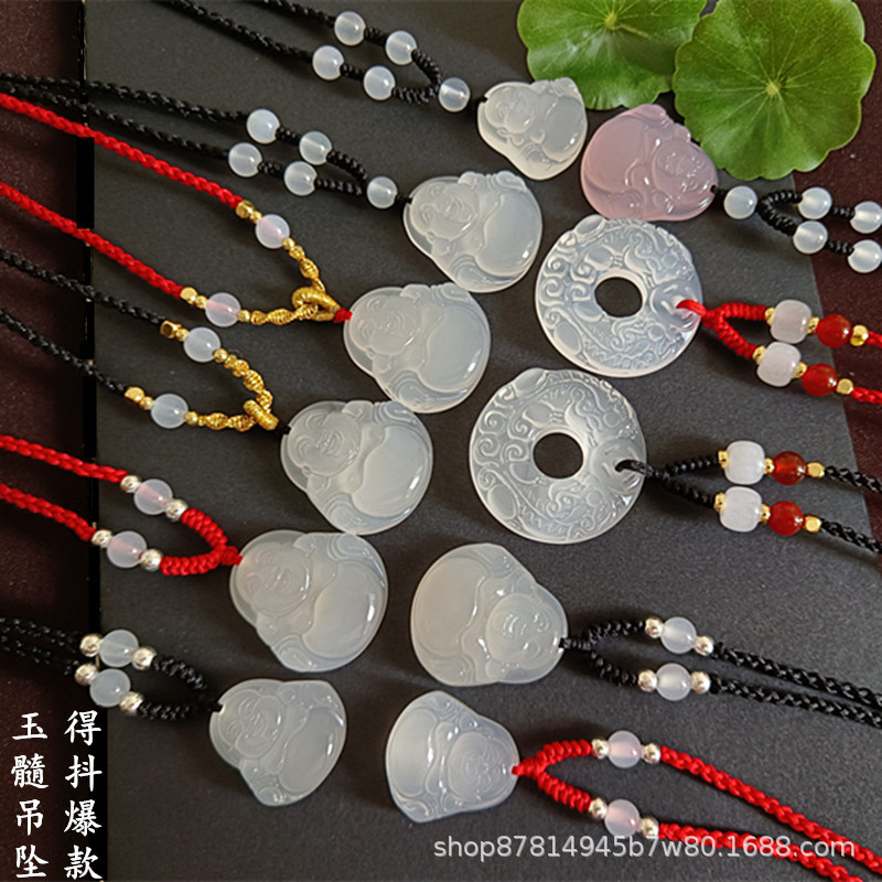 天然玛瑙玉髓佛吊坠白玉髓双貔貅平安扣项链男女情侣得物抖音爆款