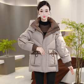 翻领连帽纯色气质保暖时尚加厚宽松2025年格子羽绒服女3762