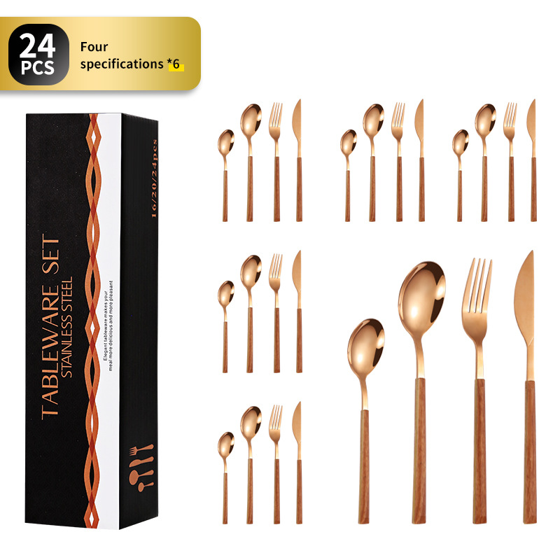 Amazon imitación de acero inoxidable mango de madera vajilla cuchillo de carne nórdica tenedor cuchara de postre creativo chapado en oro mango de clip cuchara de grano de madera