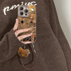 适用苹果16promax手机壳iphone13豹纹kt猫蝴蝶结挂绳15复古14卡通