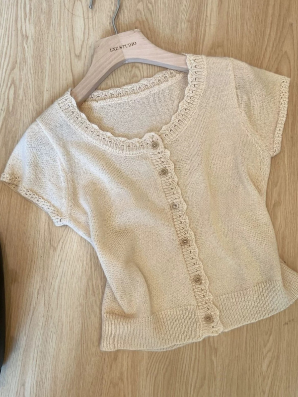French-Style Chic Lace Knit Cardigan Short-Sleeve T-Shirt for Women, Summer Minimalist Intellectual Outfit, Unique and Beautiful Thin Top French-Style Chic Lace Knit Cardigan Short-Sleeve T-Shirt for Women, Summer Minimalist Intellectual Outfit, Unique and Beautiful Thin Top