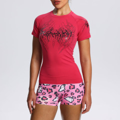 悪魔の羽フィットネス服速乾性ヌードプリント半袖 Tシャツ女性のスポーツランニングタイトなトレーニングトップ夏