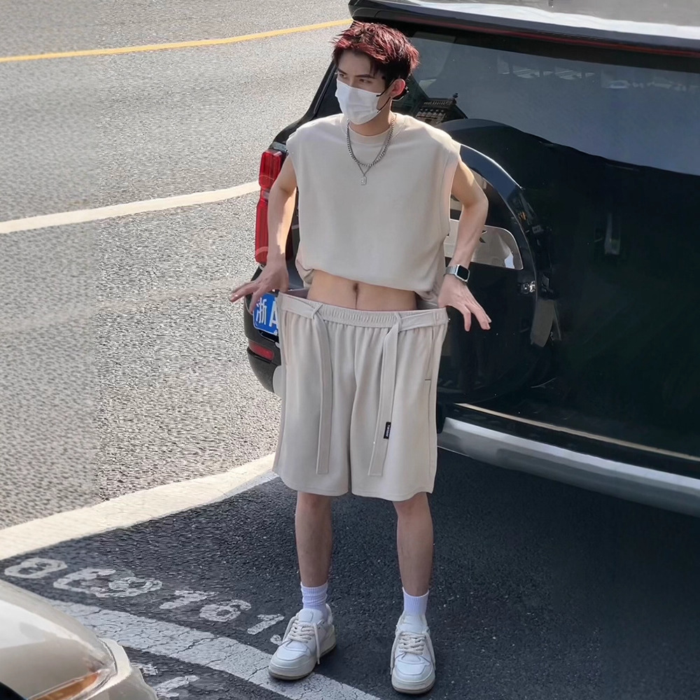 Men's Ice Silk Sports Suit Summer American Style Sleeveless T-shirt Vest Shorts Trendy Youth Outfit