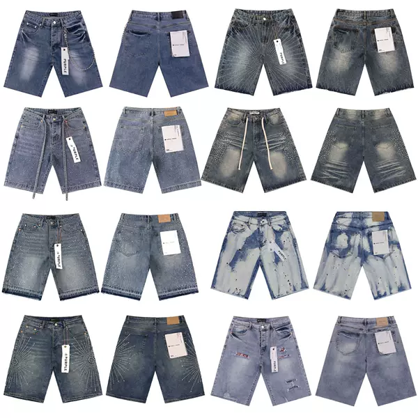 Cross-Border Foreign Trade Wholesale Purple American High Street Fashion Brand Rhinestone Splatter Vintage Washed Denim Shorts for Men High-End Version