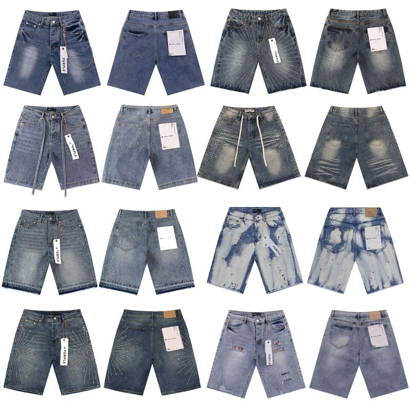 Cross-Border Foreign Trade Wholesale Purple American High Street Fashion Brand Rhinestone Splatter Vintage Washed Denim Shorts for Men High-End Version Cross-Border Foreign Trade Wholesale Purple American High Street Fashion Brand Rhinestone Splatter Vintage Washed Denim Shorts for Men High-End Version