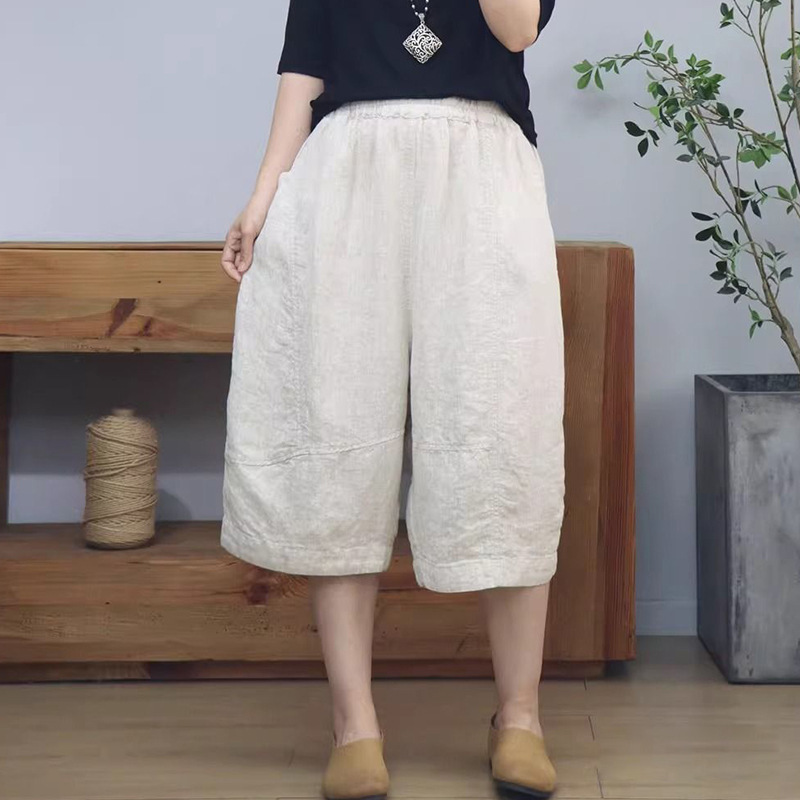 Summer New Cotton-Linen Thin Cropped Pants for Women, Loose Fit, Plus Size, Slimming, Casual, Simple, Versatile Wide-Leg Pants for Women