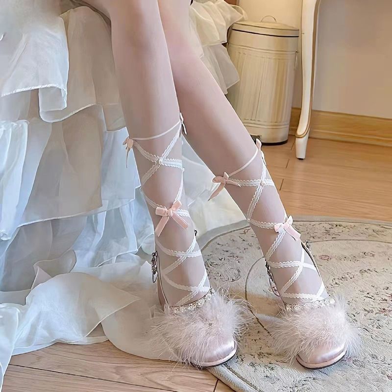 Spring and Summer Japanese Pure Lolita Cross Strap White Silk Girl Sweet Velvet Bow Diamond Base Socks Thin