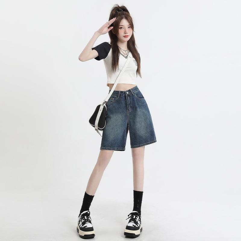 Vintage Blue Denim Shorts for Women, Summer 2023, Thin Five-Point Shorts, Straight Loose High-Waisted Mid-Length Pants That Make Legs Look Longer