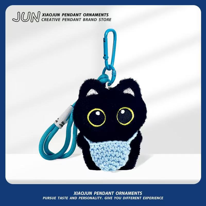 Caricatura super lindo pequeño gato negro personalidad lindo muñeca de peluche tejido a mano colgante regalo para un buen amigo