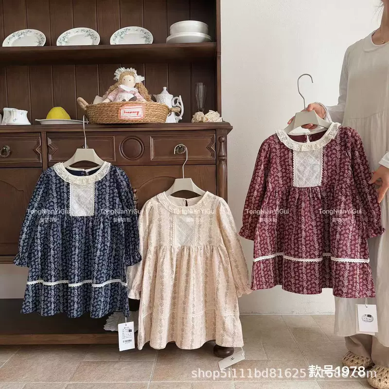 Lipei Детская одежда хлопковое платье для девочек кружевное платье с длинными рукавами и цветочным принтом размеры 110–150 осень 26 лет
