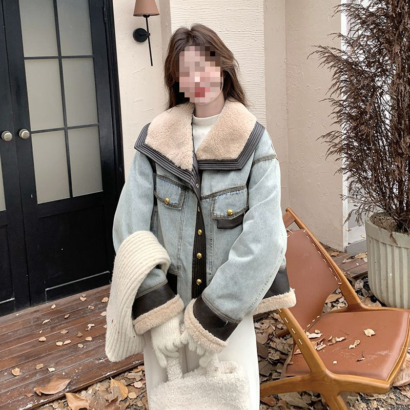 大翻领牛仔拼接羽绒服女短款设计感90绒羊羔毛派克服冬季加厚外套