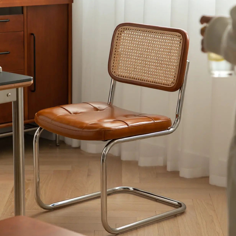 Vintage Internet-Famous Dining Table and Chairs, Natural Wood Style with Backrest, Rattan Chair, French Retro Home Dining Chair, Balcony Leisure Rattan Chair