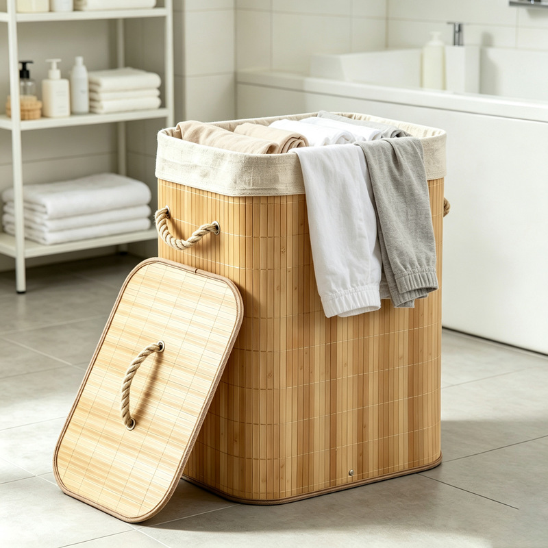 Xiaoyi Bamboo Storage Basket with Lid, Simple Household Laundry Basket, Bathing Basket, Storage Basket