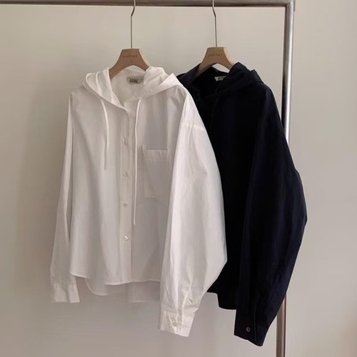 Women's Loose Casual Long-Sleeve White Hooded Shirt with Chic Autumn Minimalist Design, Versatile and Stylish for Korean Women