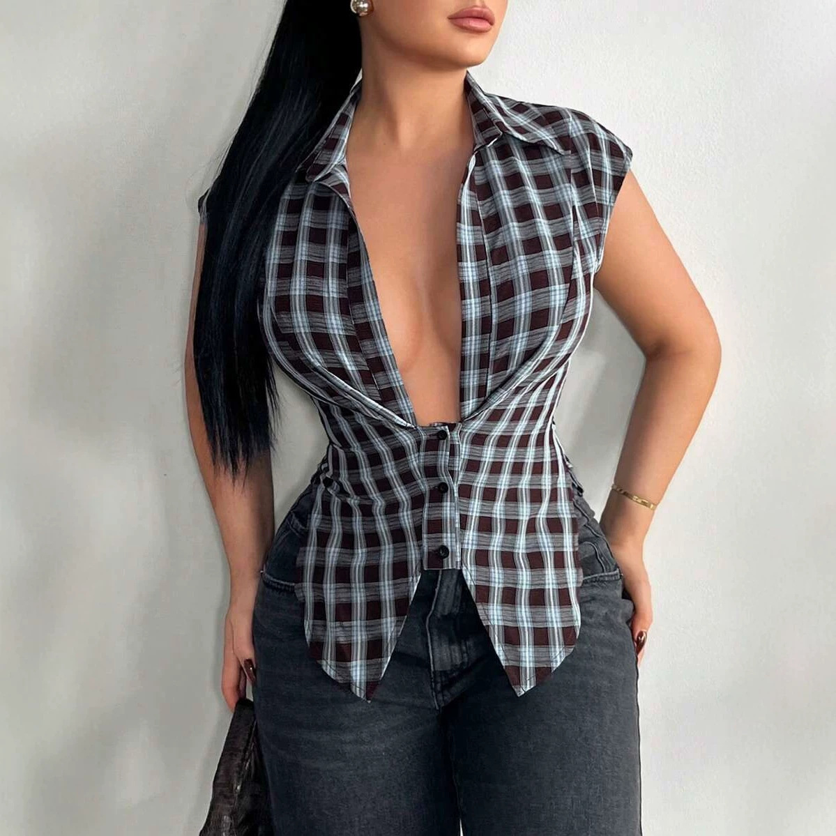 European and American Fashion Women's Plaid Sleeveless Shirt, Summer Sexy Waist-Revealing Slim-Fit Retro Top