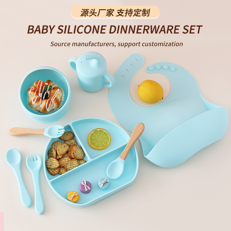 Juego de vajilla de silicona para bebés, vajilla de alimentación para bebés recién nacidos, plato de comedor de rejilla dividida de silicona, babero de tazón de alimentos al por mayor
