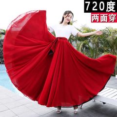720度の両面に二色のシフォンの半身のスカートを着て、赤いダンスのスカートを大きく並べます。