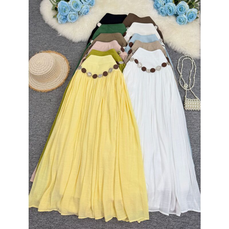 European and American Cross-Border Cotton and Linen Waist Chain Flared Midi Skirt, Versatile Beach Style, Slimming A-Line Mid-Length Vacation Dress for Women