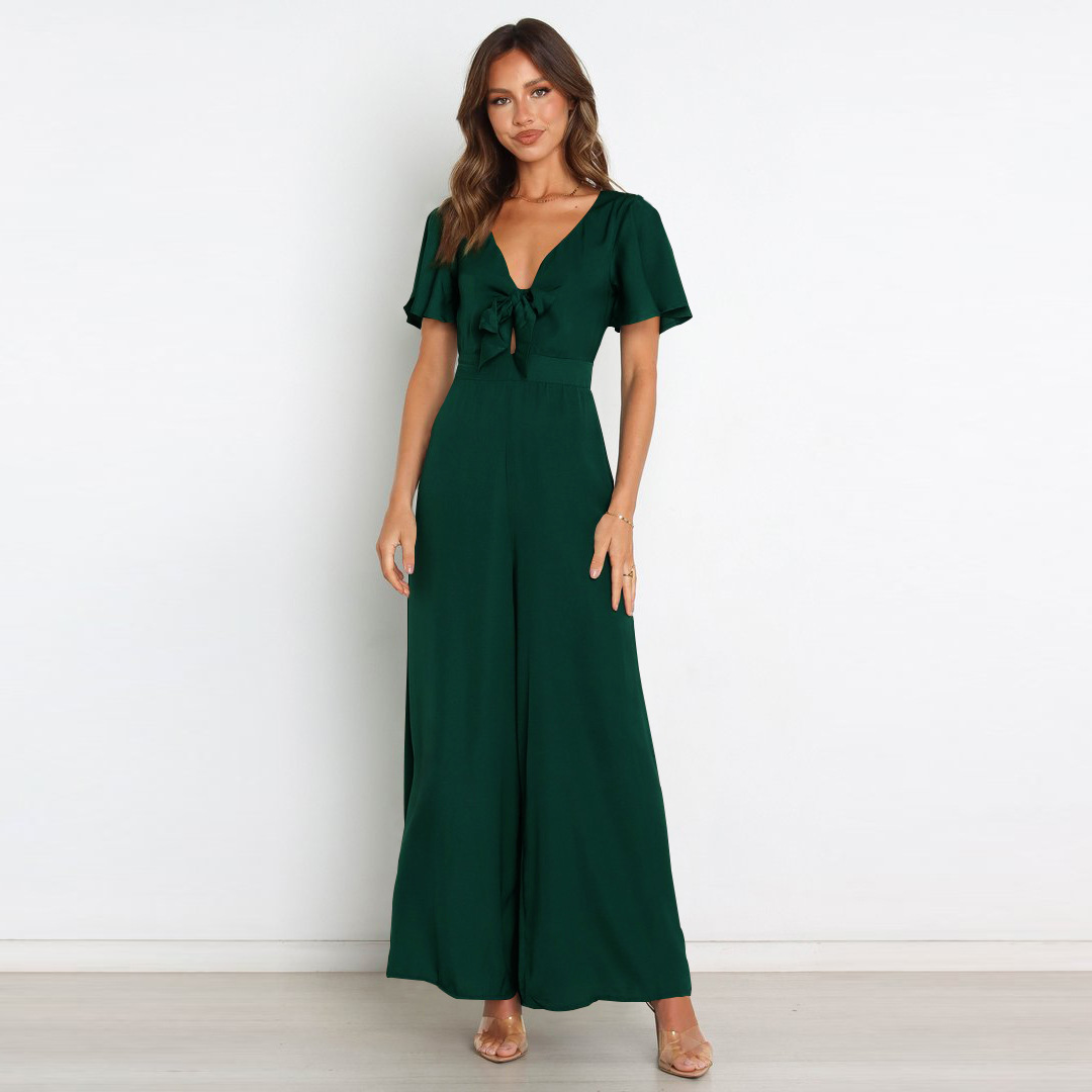 plain color lotus leaf sleeves V-neck tied rope short-sleeved wide-leg jumpsuit NSMID128544