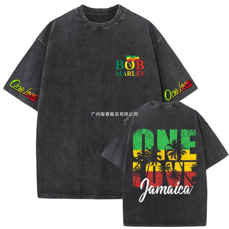 Famous Reggae Artist Bob Marley One Love Washed Vintage T-Shirt Men's and Women's Clothing Casual Cotton Retro