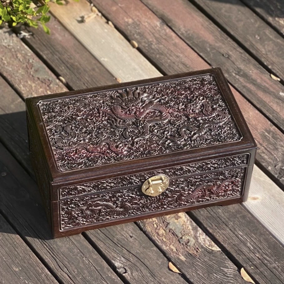 Большая коробка ювелирных изделий из красного дерева Ретро красное дерево дракон и феникс ювелирная коробка для хранения свадебных высококачественных коробок из массива дерева с замком