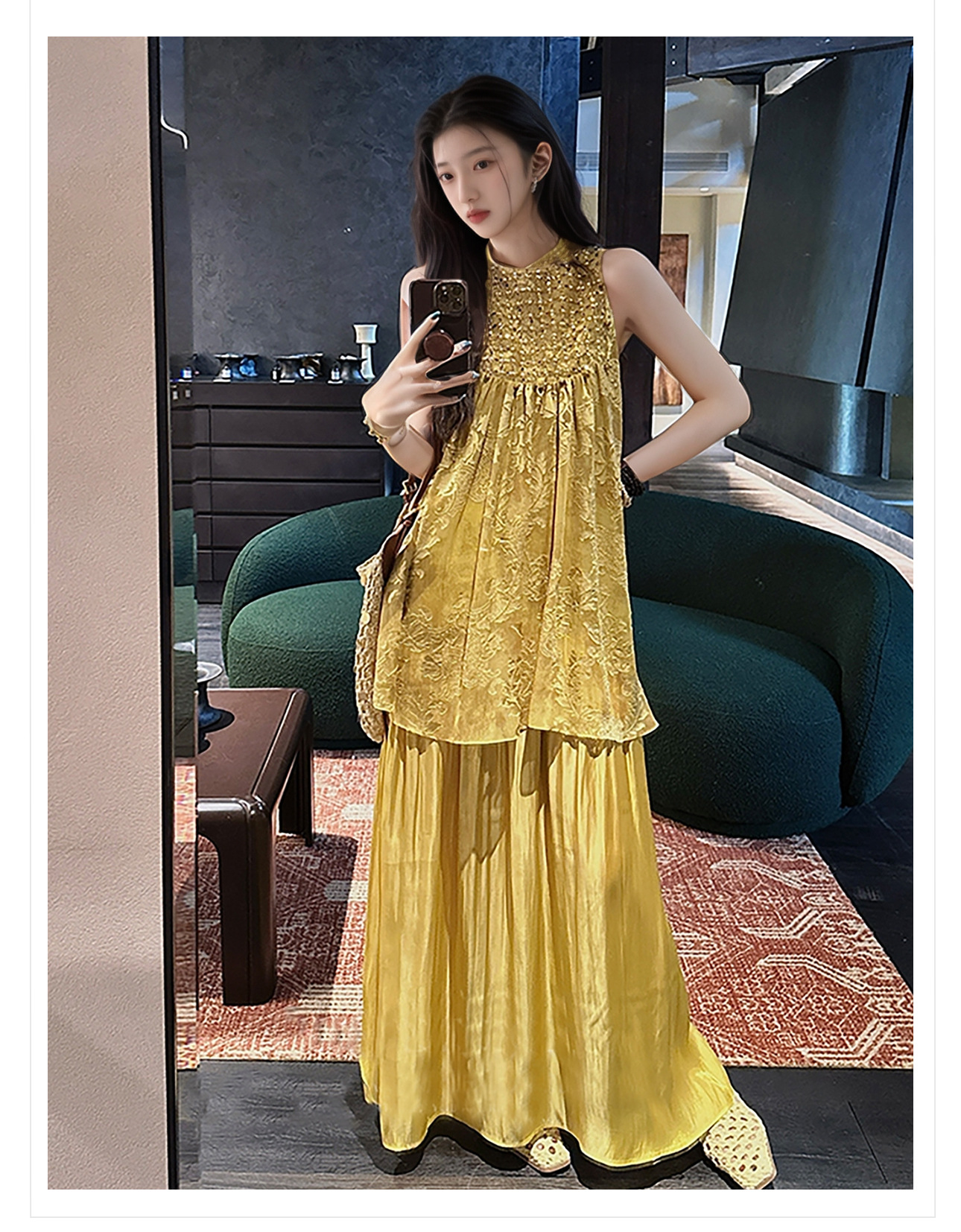 Váy maxi nữ thắt eo phong cách Trung Hoa đính sequin tay ngắn — Màu vàng, Màu xanh lá chi tiết 3
