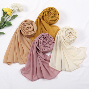 Malay Indonesian Hot-Selling New Solid Color Tooth Edge Pearl Chiffon Bubble Scarf Middle Eastern Popular Soft Breathable Headscarf for Women