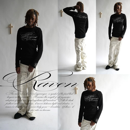 American long-sleeve T-shirt with dark retro Y2K prints, street goth fashion, trendy outfit for Instagram.