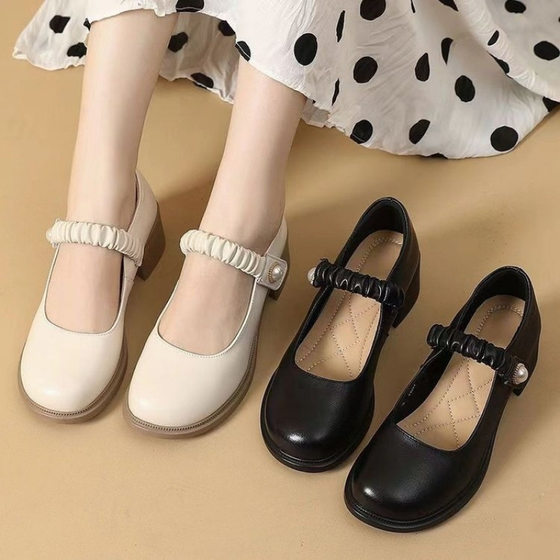 2024 Spring and Summer New Single Shoes Women's Soft Sole Soft Surface Comfortable Women's Shoes Shallow Mouth Middle Heeled Leather Round-toe Small Leather Shoes