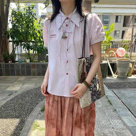 zj827日系复古短袖条纹衬衫女2025新款夏季宽松薄款休闲衬衣学院