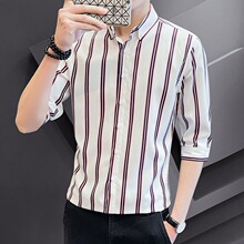 北疆狼夏季男士条纹七分袖衬衫青年时尚韩版修身五分袖衬衣男生上