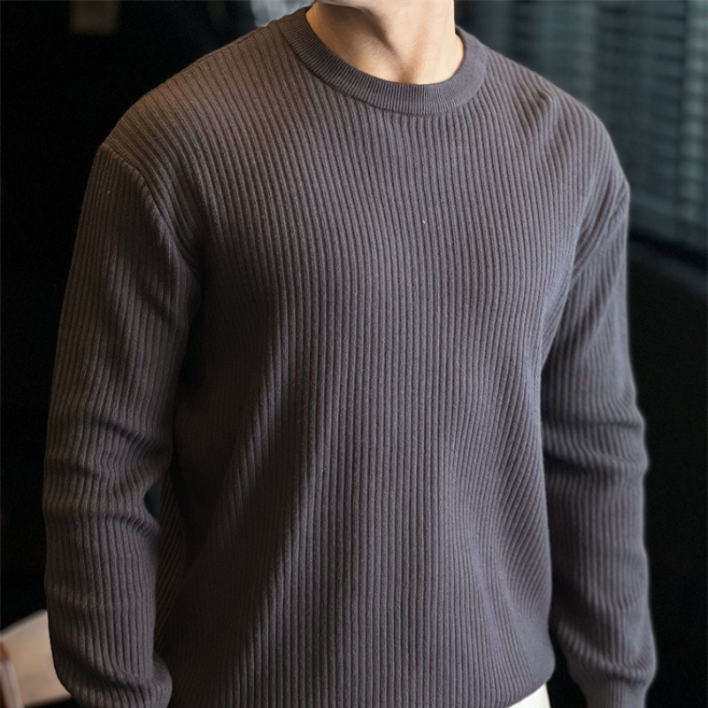 美式复古竖条纹圆领宽松针织衫打底男士休闲长袖T恤毛衣秋冬季|undefined