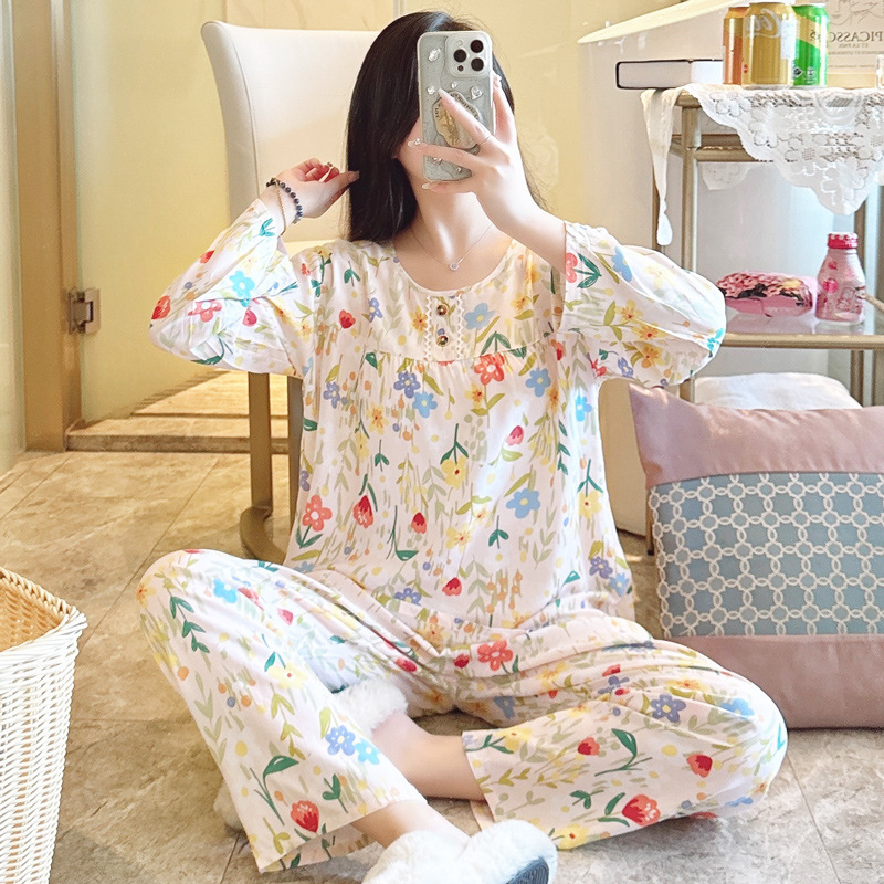 Cotton Silk Pajamas for Women, Spring and Autumn Style, Long-Sleeved, Large Size Cotton Silk Set, Summer High-End Japanese-Style Rayon Home Wear Cotton Silk Pajamas for Women, Spring and Autumn Style, Long-Sleeved, Large Size Cotton Silk Set, Summer High-End Japanese-Style Rayon Home Wear