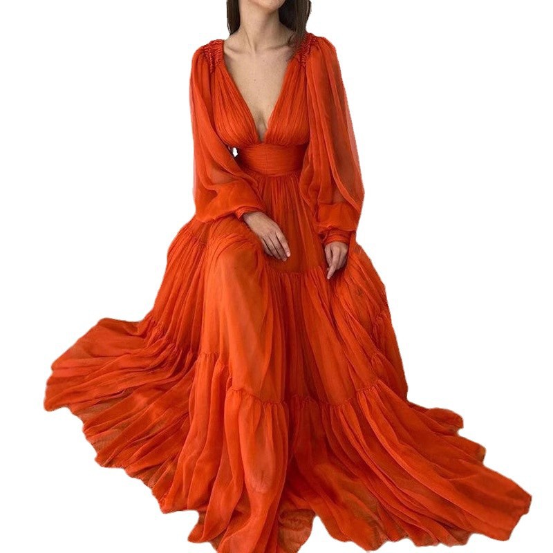 Comercio exterior ropa de mujer transfronteriza Amazon AliExpress retro cuello en V burbuja manga larga pliegue larga vestido de noche
